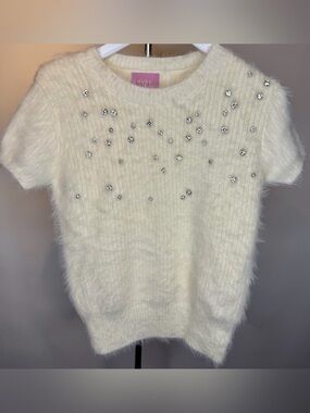 MUSE Ivory Fuzzy Rhinestone Crystal Short Sleeve Sweater